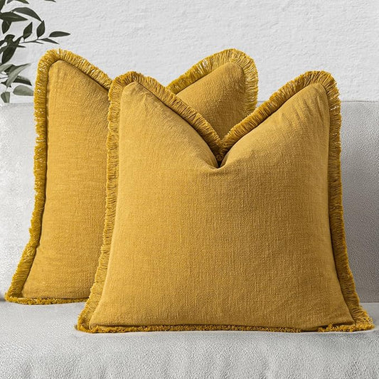 MIULEE Decorative Throw Pillow Covers Neutral Linen Fringe Throw Pillows Set of 2 Mustard Yellow Boho Farmhouse Cushion Covers with Tassels for Couch Sofa Bed Living Room Spring Home Decor 20x20 Inch