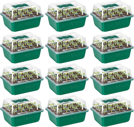 VIVOSUN 12-Pack Seed Starter Trays, 144-Cell Seed Starter Kit with Humidity Dome, Flat Reusable Plant Germination Trays with Drain Hole, Green Propagation Tray for Planting Seeds