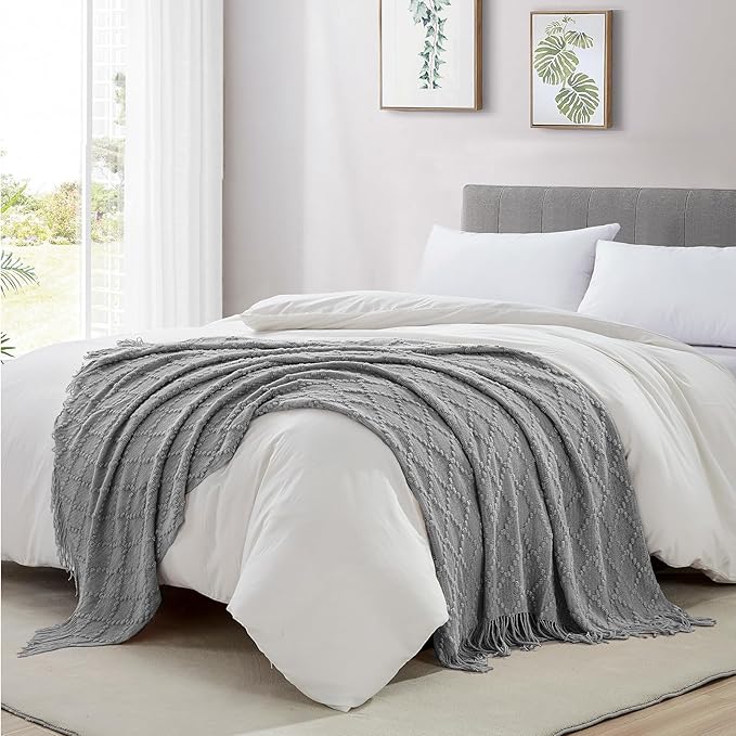 BOURINA Light Grey Throw Blanket 50 x70 Inches Jacquard Argyle Throw Textured Solid Soft Throws and Blankets for Sofa or Bed Knitted Decorative Blanket