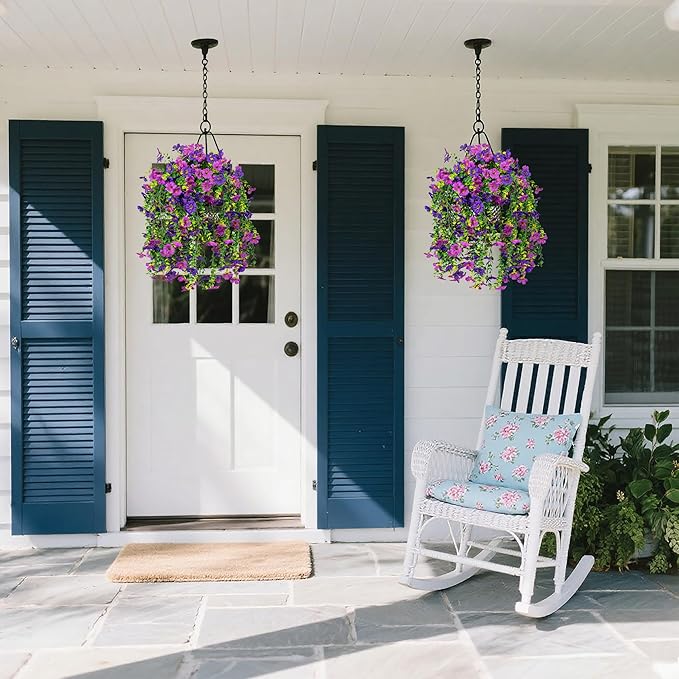 Artificial Flowers for Outdoors Decoration, 2 Pcs Outdoor Faux Plants Daisy with Eucalyptus Leaves Summer UV Resistant Fake Flowers Hanging Planters for Balcony Planter Porch Patio Garden Home Decor