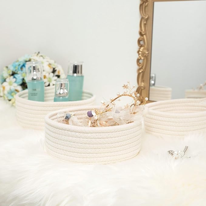 MINTWOOD Design Set of 3 Cotton Rope Nesting Bowls, Small Catch All Basket, Cute Closet Baskets and Bins for Shelves, Mini Table Basket Organizer for Small Accessories