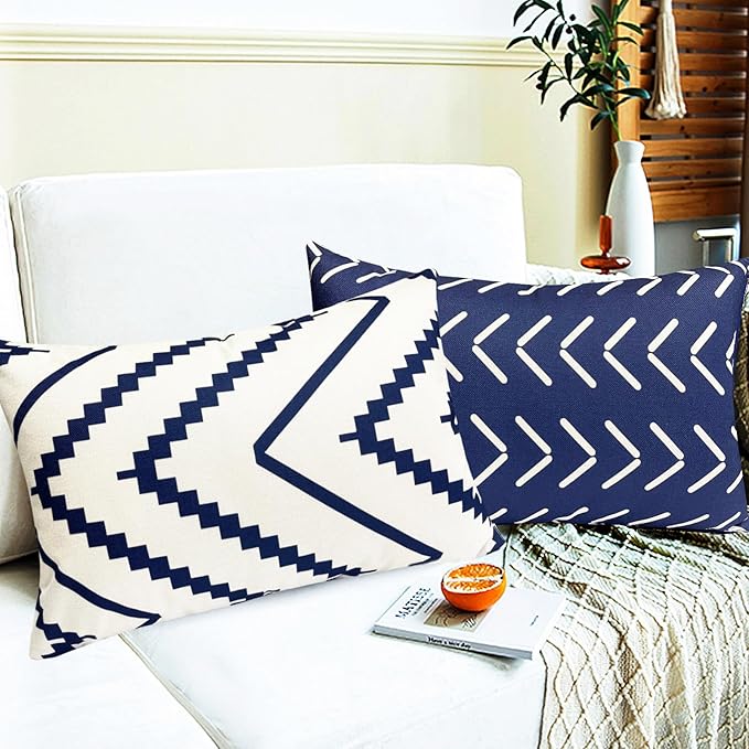 Decorative Throw Pillow Covers Set of 4 Blue Pillow Covers 12x20 inch Throw Pillow Cases Linen Square Pillow Case,Farmhouse Outdoor Modern Geometric Pillow Covers for Couch Sofa Living Room