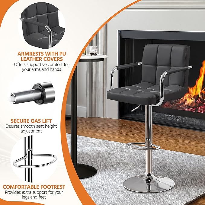 Yaheetech Bar Stools Set of 2, Adjustable PU Leather Swivel Barstools, Modern Counter Stools with Back and Footrest, Counter Height Barstools for Bar, Kitchen, Dining Room, Grey