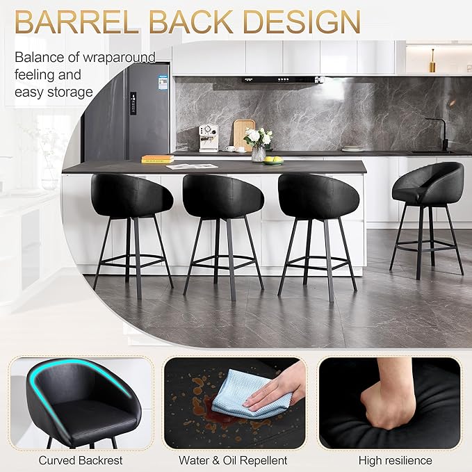 Zesthouse Swivel Counter Height Stools Set of 2, Modern Bar Stools for Kitchen Island, 26" Upholstered Kitchen Counter Height Barstools with Barrel Arms & Backs, Black Faux Leather Bar Chairs