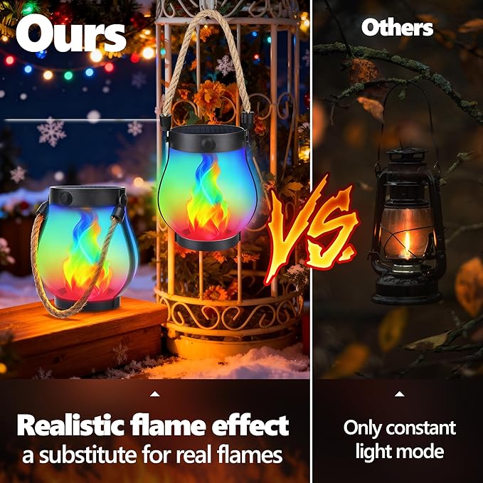 Christmas Solar Flame Lanterns Hanging Outdoor Waterproof - 2 Pack Flame Lanterns with Dual Charging Modes of Solar & USB for Garden or Yard Christmas Decorations (Multicolor - 2 Pack)