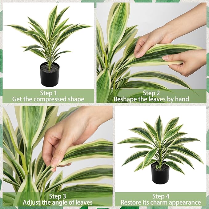 Artificial Plants Indoor with Pot, 18" Fake Potted Plants Medium Artificial Dracaena Plant in Black Pot Faux Tropical Plants for Bathroom Living Room Office Desk Shelf Decor