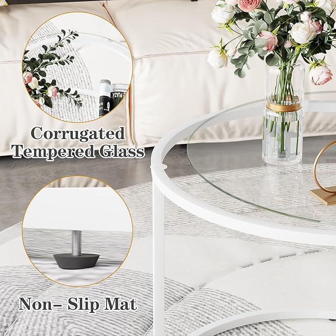 aboxoo White Nesting Glass Table Set of 2, Small Glass Round Nesting Tables for Living Room Bedroom, Accent Tea Table with Metal Frame Modern Industrial Simple