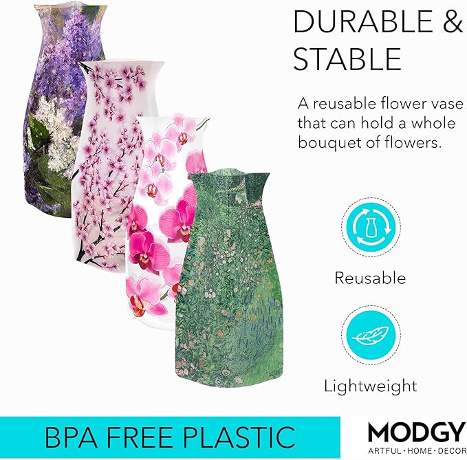 MODGY Expandable Flower Vase Set, Plastic Decorative Modern Foldable Printed Vases for Centerpieces for Wedding, Dining Table, Home Decor, Living Room, Bathroom, Office, Mary Cassatt Lilacs, 4 Pack