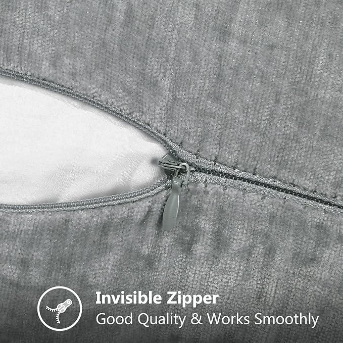 decorUhome Chenille Soft Throw Pillow Covers 20x20 Set of 2, Farmhouse Velvet Neutral Decorative Euro Pillow Covers with Stitched Edge for Couch Sofa Bed Home Decor, Neutral Gray