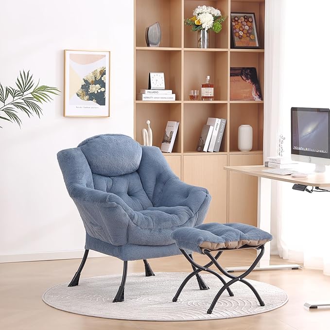 LITA Lazy Chair with Ottoman, Modern Accent Leisure Upholstered Sofa Chair, Lounge Reading Chair with Armrests and a Side Pocket for Living Room, Bedroom & Small Space, Plush Light Blue