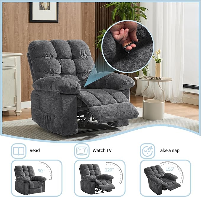 Oversized Rocker Recliner Chair for Adult, Ergonomic Nursery 150° Recliner Chair with Footrest,Extra Wide Manual Recliners,Upholstery Overstuffed Soft Rocking Sofa Chair,Grey