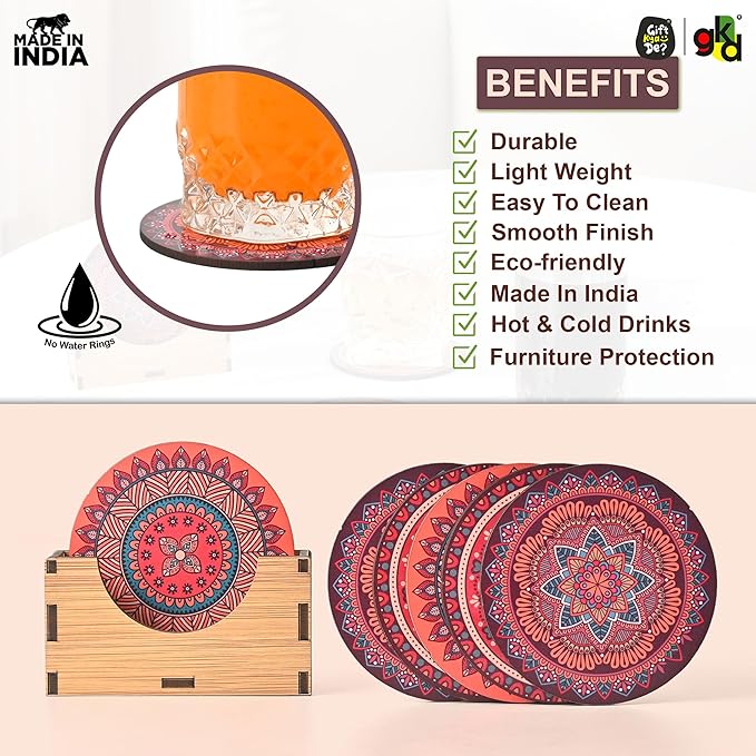 GKD Wooden Coasters for Drinks, Coasters Set of 6 with Holder, 3.5 inches Eco-Friendly Absorbent Coaster for Coffee Table, Bar, Drinking Glasses, Tabletop Protection (1, Rangoli)