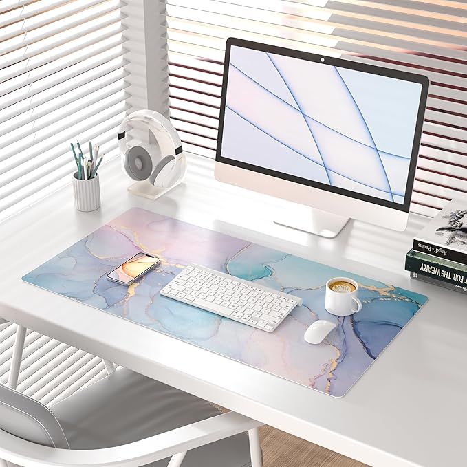 QIYI Large Mouse Pad, PU Leather Desk Mat for Desktop, Waterproof Gaming Desk Pad, Marble Full Desk Accessories Keyboard Mousepad, Abstract Art Home Office Décor 31.5" x 15.7" - Blue Pink Fluid