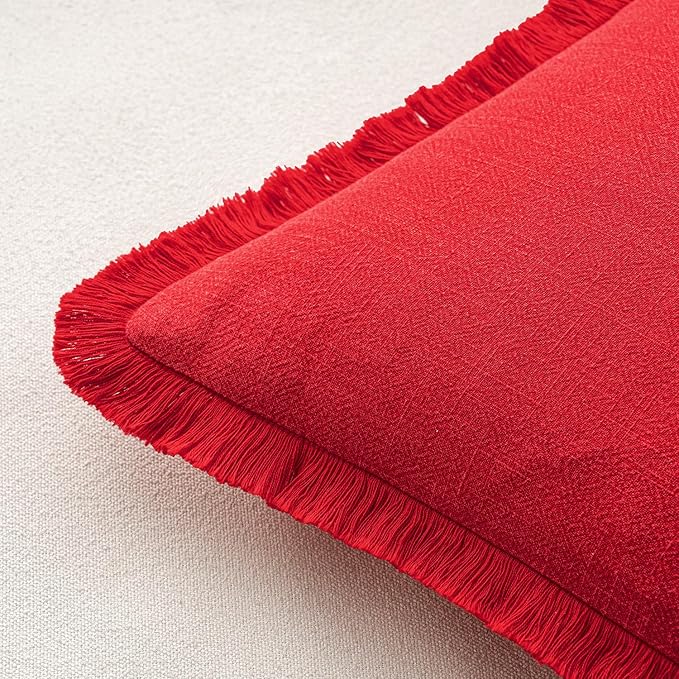 MIULEE Christmas Decorative Throw Pillow Covers Neutral Linen Fringe Throw Pillows Set of 2 Red Boho Farmhouse Cushion Covers with Tassels for Couch Sofa Bed Living Room Spring Home Decor 18x18 Inch