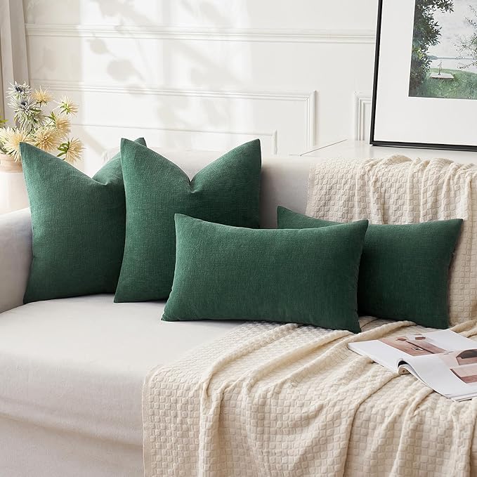 MIULEE Dark Green Couch Pillow Covers 12x20 Inch, Set of 2 Soft Chenille Decorative Lumbar Throw Pillow Covers Christmas Farmhouse for Sofa Living Room Bed