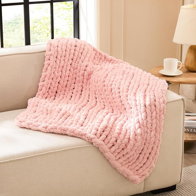 L'AGRATY Chunky Knit Blanket Throw - Soft Chenille Yarn Throw Blankets 30x40：Handmade Thick Cable Knit Crochet Blanket - Large Knit Chunky Rope Knot Throw Blankets for Couch Sofa Bed Home Decor