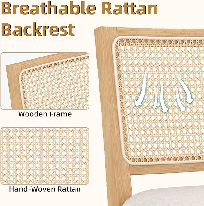 Westice Rattan Bar Stools Set of 6, 26" Farmhouse Counter Height Stools with Natural Rattan Back and Wood Frame, Upholstered Line Fabric Seat Cushion, Wooden Stools for Kitchen Island/Pub, Natural