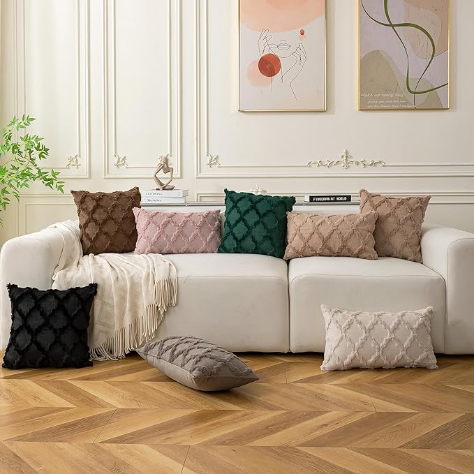 Set of 2 Soft Moroccan Throw Pillow Covers 22x22 Inch Plush Boho Decorative Pillow Cover Accent Cushion Case for Couch Sofa Bed, Light Brown