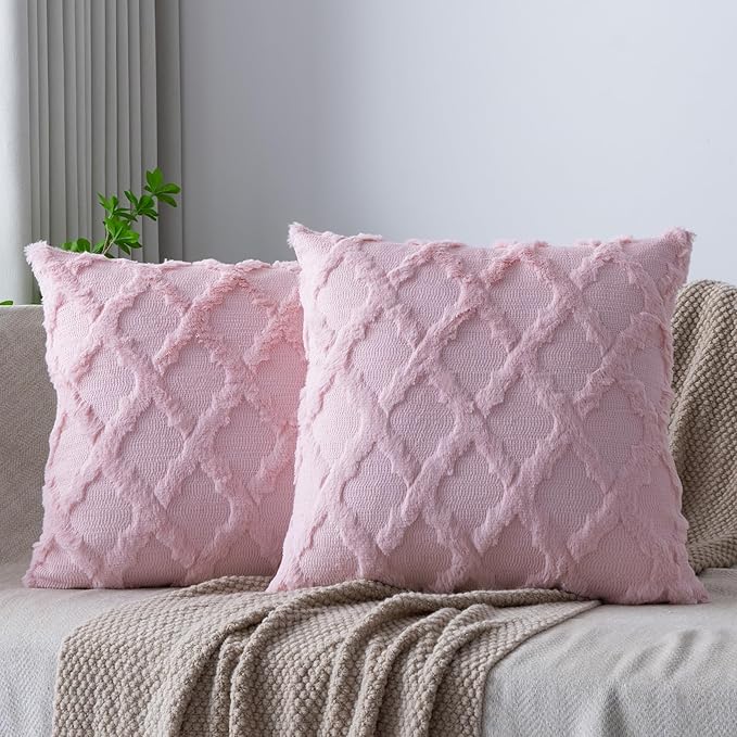 Set of 2 Soft Moroccan Throw Pillow Covers 24x24 Inch Plush Boho Decorative Pillow Cover Accent Cushion Case for Couch Sofa Bed, Light Pink