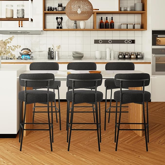 DYHOME Bar Stools Set of 6,Black 28 inch Counter Height Bar Stools with Curved Back, Boucle Fabric & Metal Frame Barstools for Kitchen Island, Modern Bar Chairs Set for Kitchen Counter