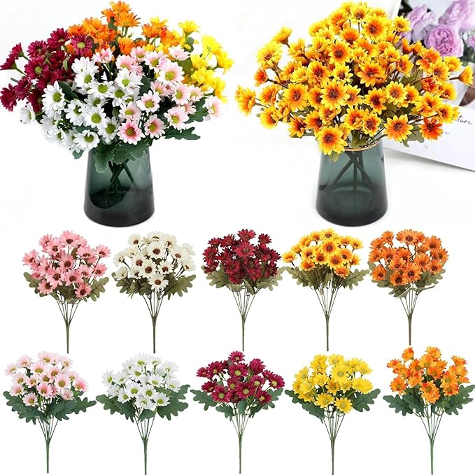 Funsdecor Mums, Artificial Sunset Mums, Artificial Outdoor Sunset Mums Flowers - UV Resistant, Waterproof, Windproof, Fake Fall Flower Daisy With Eucalyptus, Look Real, Full, Vibrant (5 Bundle Orange)
