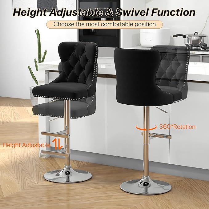 Bar Stools Set of 4, Velvet Swivel Counter Height Stools with Tufted Back, Adjustable Seat with Nailheads Trim, Upholstered Bar Chairs with Steel Base for Kitchen Island, Pub, Black