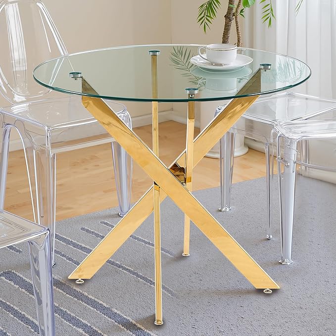 Dining Table for 4 Modern Round Dining Table 35.43" Kitchen & Dining Room Tables with Metal Legs and Glass Tabletop for Dining Room and Apartment, Gold