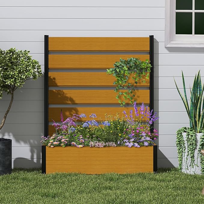 Vertical Screen Planter Bed - Raised Garden Box with Trellis for Climbing Plants, Durable Privacy Fence Planter for Outdoor, Patio, Deck Aluminum Frame, Yellow Teak with Base