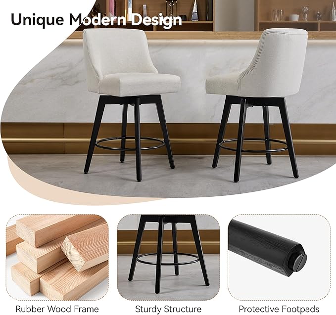 Vipbear Counter Height Bar Stools Set of 2, 26" H Swivel Bar Stools with Backs, Linen Fabric Upholstered Bar Chairs with Solid Wood Legs for Kitchen Island, Dining Room, Home Bar, White