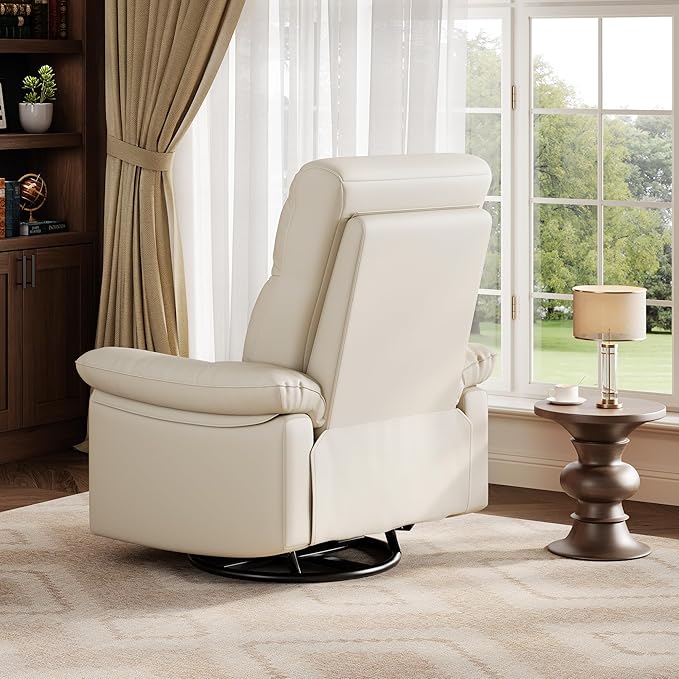 GarveeHome Recliner Chair, 360° Swivel Rocker Glider Nursery Chair with Padded Armrest and Deep Seat, PU Leather Upholstered Reclining Sofa Chair for Living Room, Bedroom and Nursery (Cream)