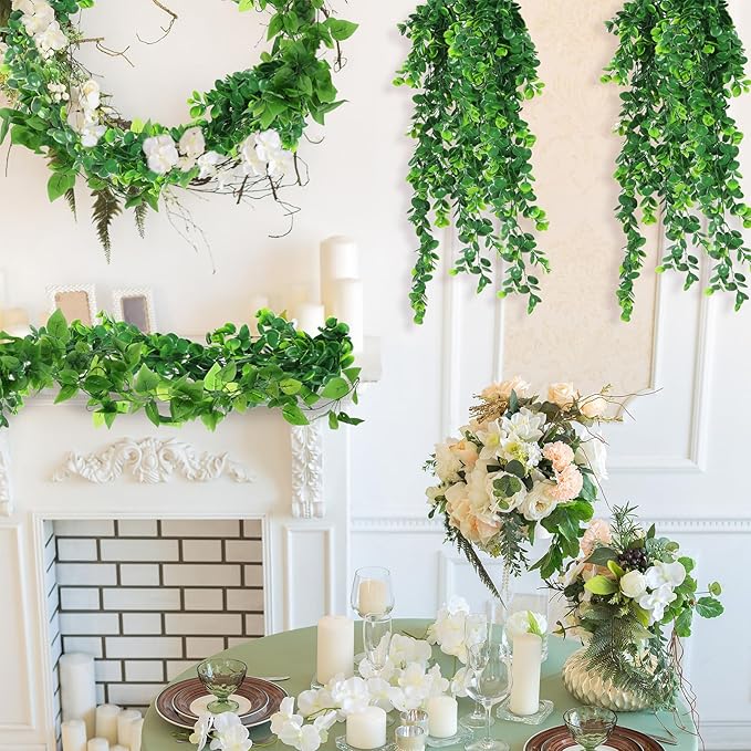 Hoteam 12 Pcs Artificial Hanging Plants 32 Inch Fake Ivy Vines with Fake Leaves Patio Artificial Plants Greenery for Living Room Indoor Outdoor Wall, No Basket (Pothos,Eucalyptus)