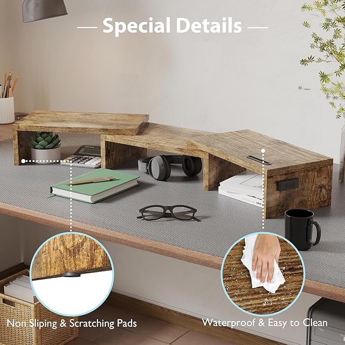 BONTEC Dual Monitor Stand for Desk, Adjustable Length and Angle Monitor Stand Riser with Smartphone Holder, Desk Shelf for Top of Desk, Computer Monitor Stand with Storage, Office Desk Organizer, Rustic Brown