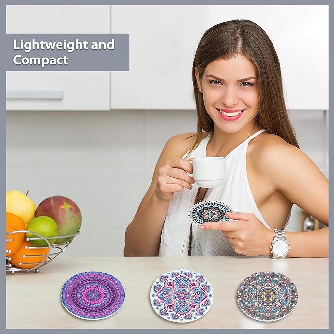 6 Pcs Coasters for Drinks with Holder,Flower Mandala Boho Absorbent Coaster with Cork Backing,Great Gift for Housewarming,Room Decor,Bar,Holiday Party