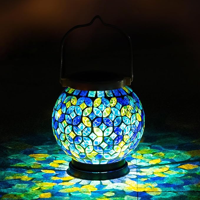 VOREEN Mosaic Solar Lanterns, Handmade Outdoor Glass Hanging Light, Waterproof Solar Table Lamp, Gift for Mom Wife Friend, Decor for Garden, Patio, Yard, Balcony, Green & Yellow, Leaves Pattern
