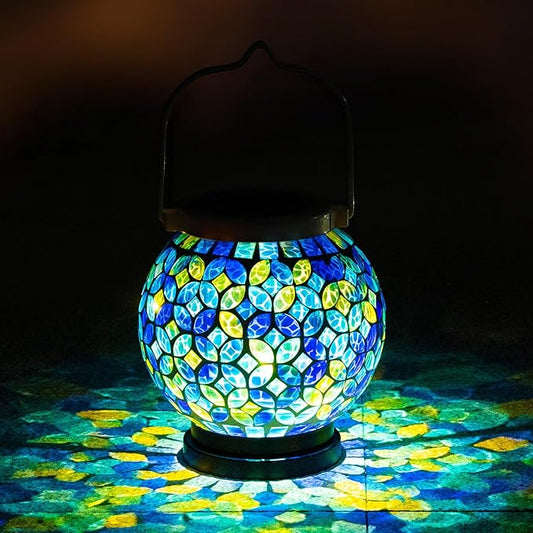 VOREEN Mosaic Solar Lanterns, Handmade Outdoor Glass Hanging Light, Waterproof Solar Table Lamp, Gift for Mom Wife Friend, Decor for Garden, Patio, Yard, Balcony, Green & Yellow, Leaves Pattern