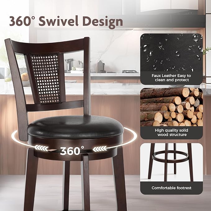 ALPHA HOME Swivel Bar Stools Set of 4, Kitchen Stools with Backs, 30 Inch Wooden Bar Stools, 360 Degrees Swivel Chair with Upholstered, Wrap-Around Footrest Counter Chair, Dark Brown