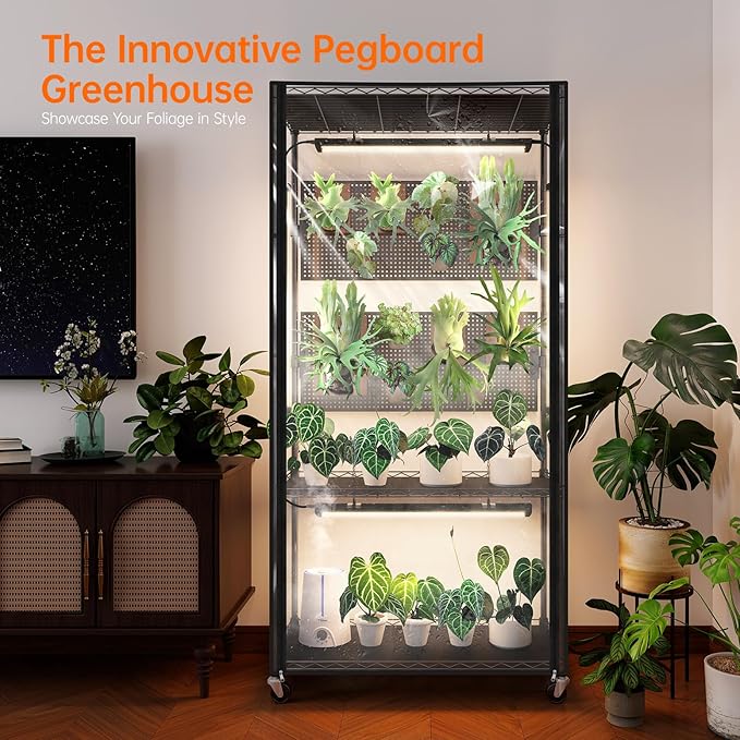 Bstrip Indoor Greenhouse with Grow Light & Pegboard, Mini Green House with Adjustable Rack and Wheels, 4 x 24W Full Spectrum Grow Light Strip for Foliage Plants, Seedling, 29.5"x13.8"x59"