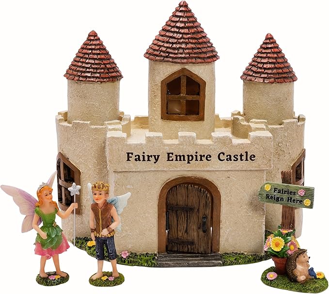 PRETMANNS Fairy House Kit - Fairy Garden Accessories for Outdoor Miniature Village Decor, with Castle, Prince and Princess Fairies & Sign - House, 9’ High & Door can Open Wide - 4 Piece Supplies