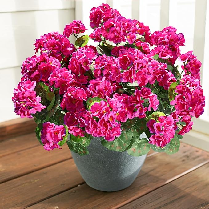 Artificial Geranium Fake Flowers for Outdoors Decoration, 6 Bundles Silk Geraniums Flower UV Resistant Look Real Faux Plants for Outside Planter Front Door Garden Patio Balcony Yard Home, Fuchsia