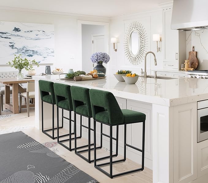 Counter Height Bar Stools Set of 6 for Kitchen Counter Modern Bar Chairs with Backs for Kitchen Island with Upholstered Fabric Seat and Metal Frame, Green, 26 Inch