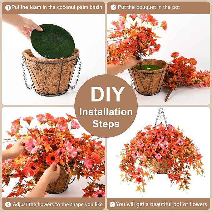 Artificial Flowers Hanging Basket Plants, Fake Petunias Fall Flower for Outdoor Decoration,Realistc Faux Silk Flower UV Resistant for Porch Patio Yard Garden Home Balcony (Double Orange)