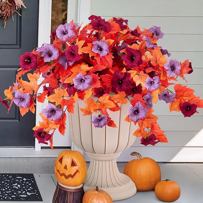Fake Fall Flowers for Outdoors Decor 2PCS Artificial Flowers Fake Faux Silk Petunias Fall Fake Plants, UV Resistant Flower for Garden Porch Patio Balcony Realistic Autumn Decoration(Burgundy Purple)