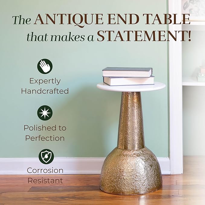 OBJET D'ART Small Round Gold End Table, Cupola, 22'' Height, Vintage Metal Accent, Side, Pedestal, Coctail and Drink Tables for Living Room and Small Spaces