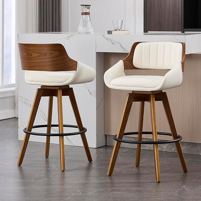 Swivel Bar Stools Set of 2, Walnut Counter Height Bar Stools with Back and Arms, 26" Modern Faux Leather Upholstered Bar Chairs for Kitchen Island Bar-Beige