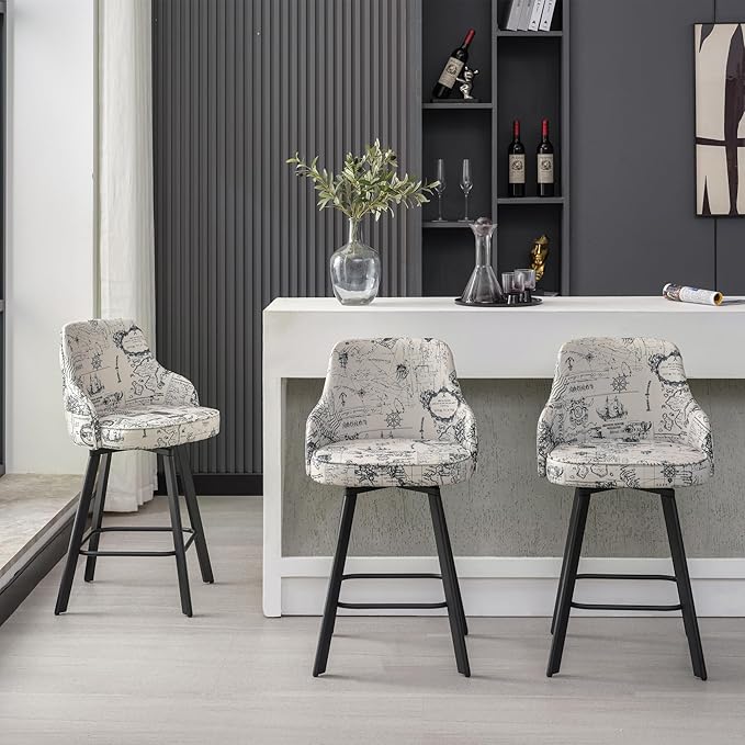 Bar Stools Set of 3, 26" Swivel Counter Height Bar Stools with High Back, Linen Kitchen Barstools Counter Height for Kitchen Island (Beige (Nautical Print), 3PCS 26" Counter Stools)