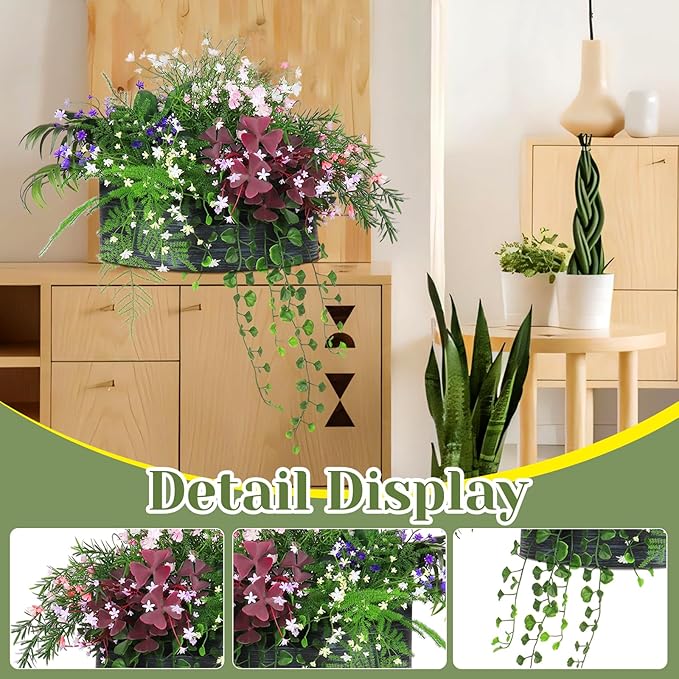 6 in 1 Artificial Plants & Flowers, Potted Fake Asparagus Oxalis BabyBreath Grass Plant for Home Decor Indoor Outdoor, Office Greenery Tabletop Centerpieces