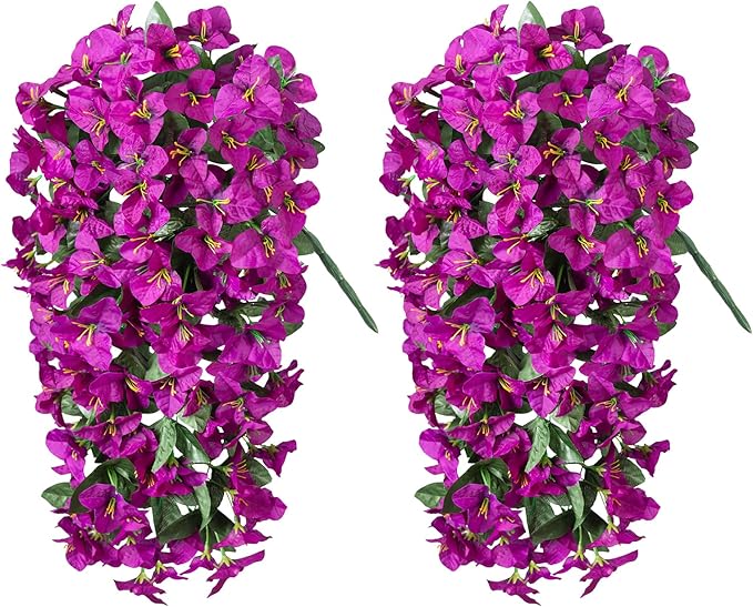 2 pcs Artificial Faux Bougainvillea Flowers Plants for Outdoor Outside Summer Decoration, Fake Silk UV Resistant Long Trailing Vines for Front Door Porch Planter Balcony (Purple Deep Lotus)