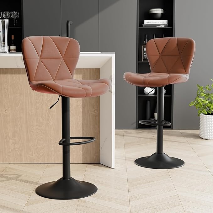 Bar Stools Set of 6,Adjustable Swivel Barstools, Faux Leather Bar Chairs,Upholstered Counter Height with High Backrest for Kitchen Island, Brown