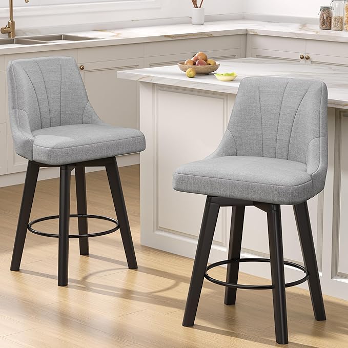 Counter Height Swivel Bar Stool, 24" Upholstered Fabric Barstools Set of 6, Counter Stool Chair with Back & Solid Wood Legs for Kitchen Island Dining Room (Light Gray)