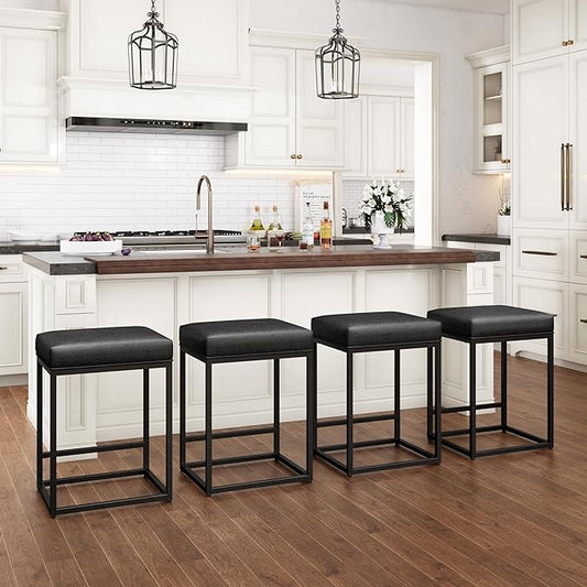 PHI VILLA Black Leather Counter Height Chairs, Barstools Set of 4, 24 inch Backless Bar stools for Kitchen Island